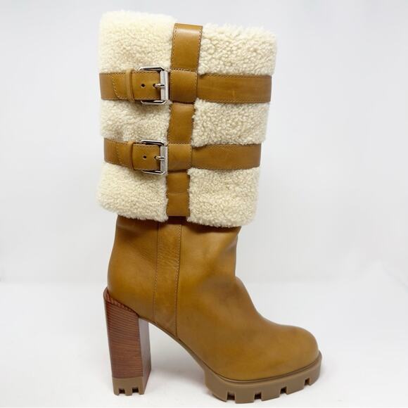 Christian Louboutin Brodeback Shearling Brown Leather Platform Boots Size 40 - Picture 8 of 14